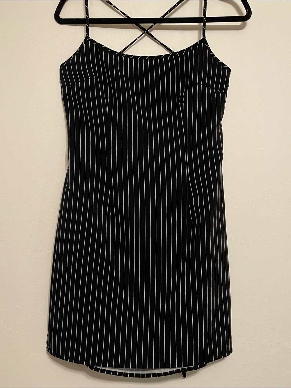H&M Black Mini Dress with White Pinstripes and Crisscross Back
